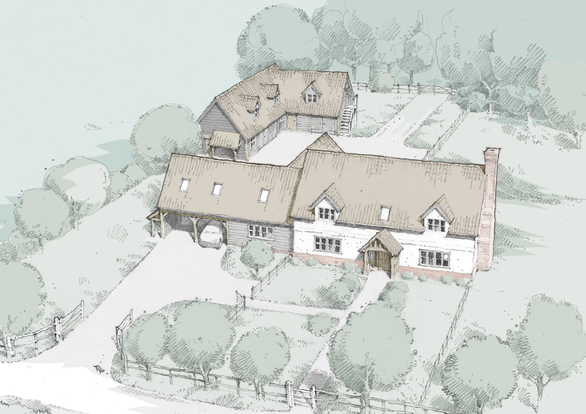 Drawing of cottage in the countryside